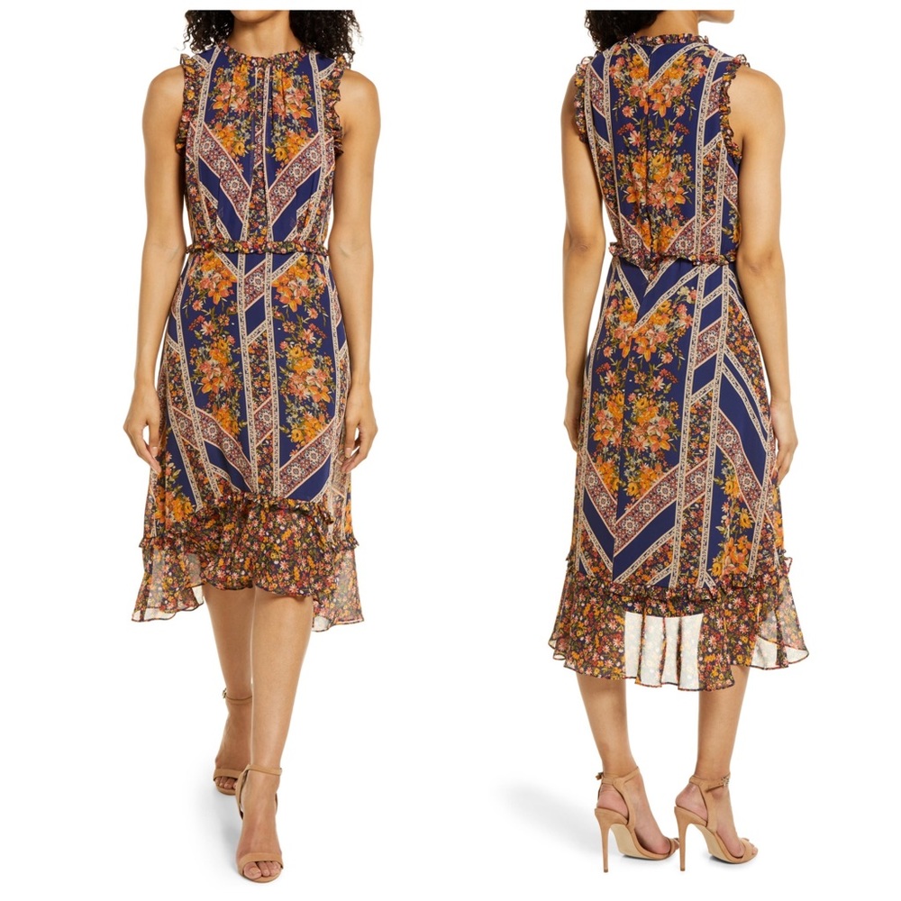 •JULIA JORDAN• Floral Scarf Print Ruffle‎ Detail Sleeveless A-Line Dress Size 2